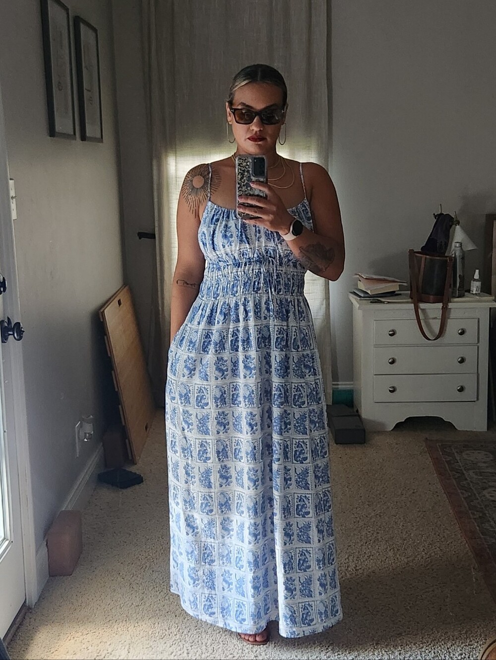 Abercrombie & Fitch Blue and White Tile-Print Maxi Dress